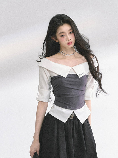 Blue Shirt Striped Foldover Collar Gray/Navy Neckline Off-the-shoulder