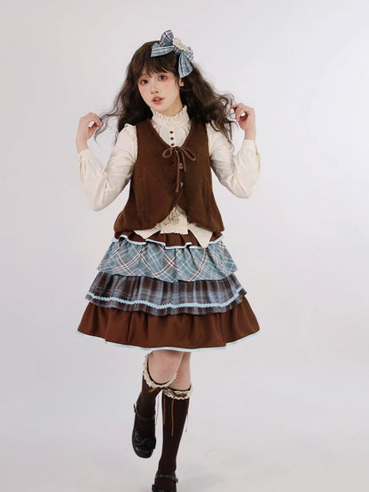 Set Blouse Blue Sweet Plaid Ruffles Tiered Lolita + Waistcoat Skirt Brown