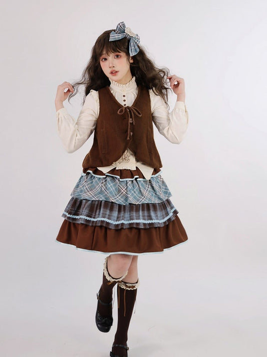 Set Blouse Blue Sweet Plaid Ruffles Tiered Lolita + Waistcoat Skirt Brown