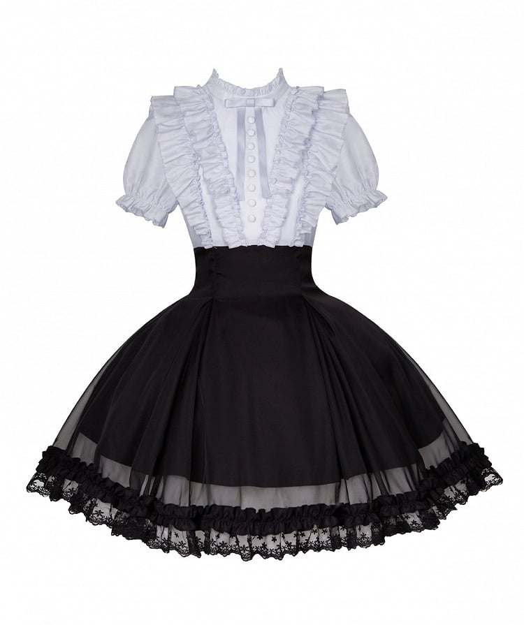 Gray Ruffled Blouse & Black Short Skirt Fake Two Pieces Lolita Dress - With PUJI