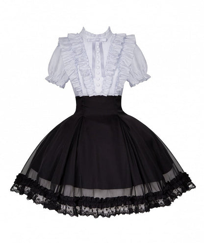 Gray Ruffled Blouse & Black Short Skirt Fake Two Pieces Lolita Dress - With PUJI