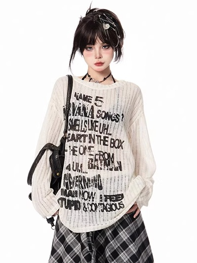 Semi-sheer Coverup Round Neck Vintage Letter Print Black/Apricot