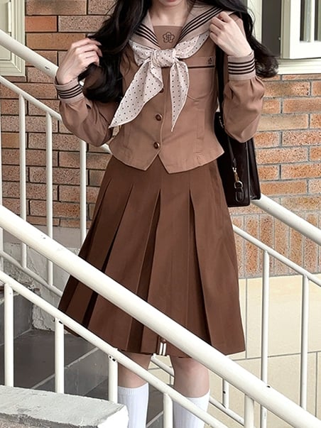 Floral Collar Sailor Embroidery JK Brown Uniform Blouse