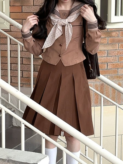 Floral Collar Sailor Embroidery JK Brown Uniform Blouse