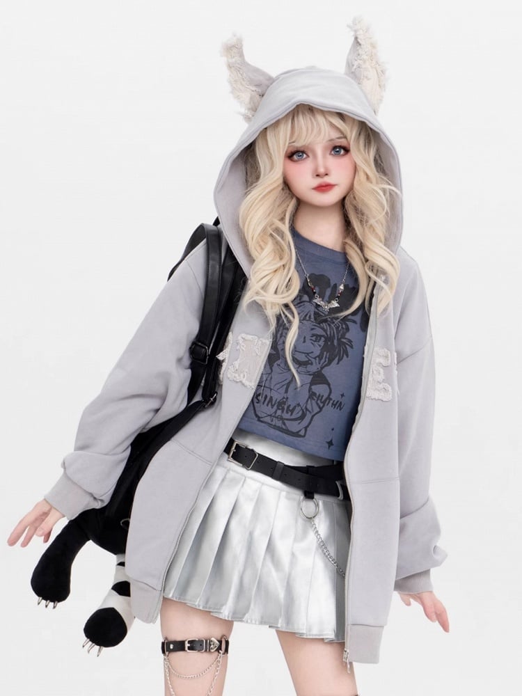 Light Hoodie Puppy Letter Fleece And Ears Grey Print Applique With