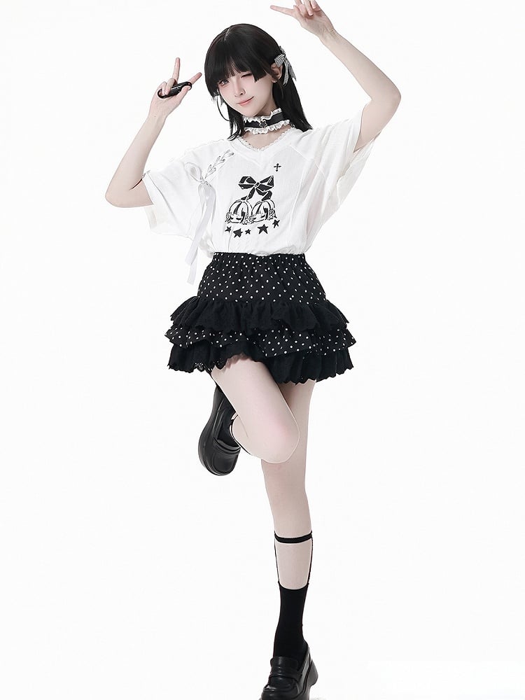 Tiered Polka-dot Skirt Bloomers Lining Black Elastic Waist Lace Trim