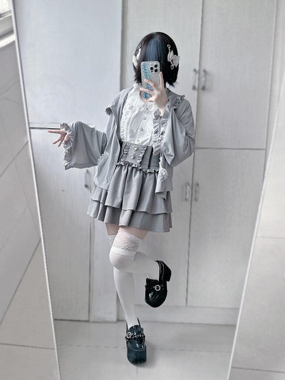 Jirai Kei Sleeves with White/Black/Blue/Pink/Gray Hooded in Baggy Kitty-Ear Long Jacket