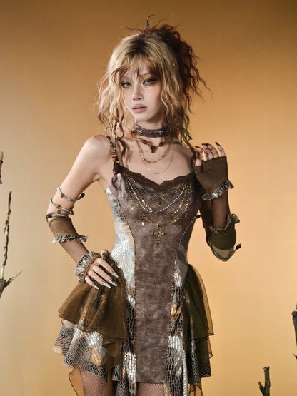 Punk Ruffles Pattern Brown Gloves Trim Wasteland Snakeskin