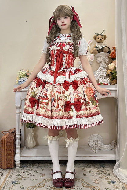 赤とイチゴのプリントドレススカートスイートロリータジャンパーバニー