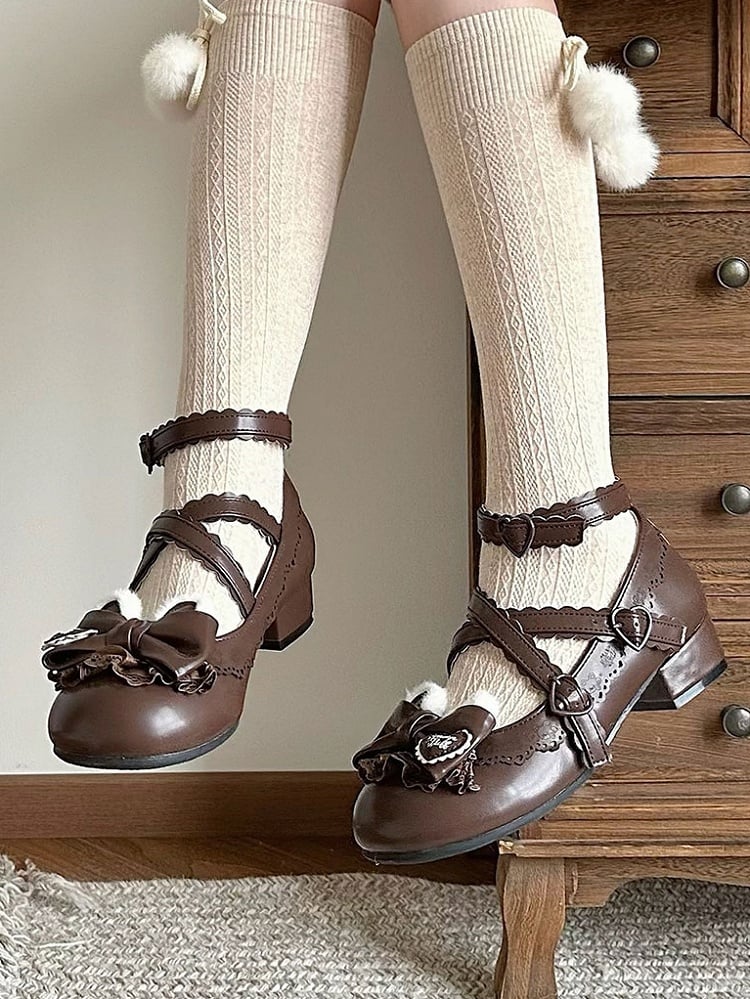 Bow Ear Snap Heels Plush Edge Lolita - Adjustable Heart Low Decor Sweet Scalloped Bear Brown with Top