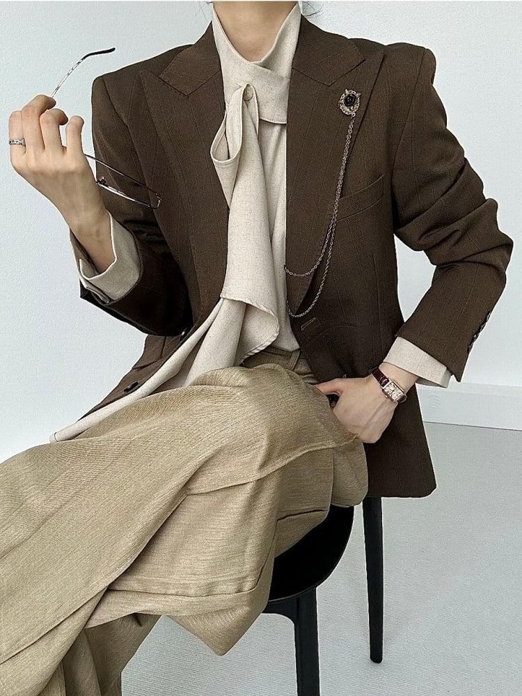 Vintage Tailored Unisex Collar Fit Coffee Notched Blazer Ouji with Lolita