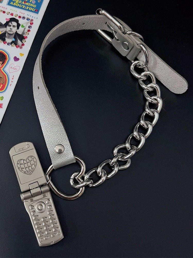 PU Pink/Silver Phone Y2K Pendant Choker