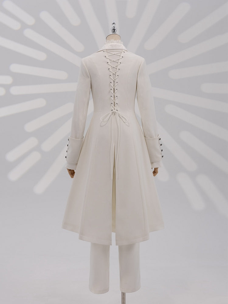 White Jacquard Coat with Zip Closure, Lace-Up Back, and Cutout Detail - DevilInspired Exclusive Collection
