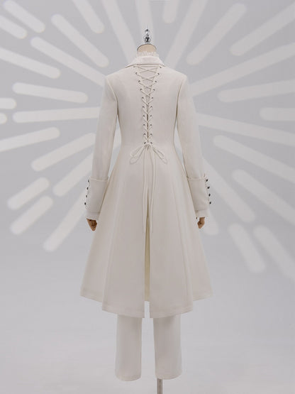 White Jacquard Coat with Zip Closure, Lace-Up Back, and Cutout Detail - DevilInspired Exclusive Collection