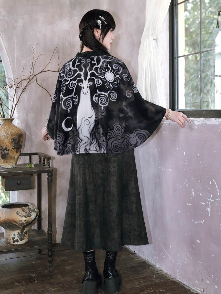 Ink Wash Print Chinese Gothic Black Midi Skirt with Ruffle - Quirky Hut
