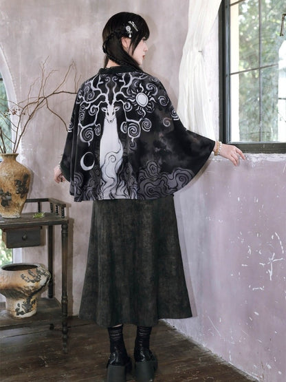 Ink Wash Print Chinese Gothic Black Midi Skirt with Ruffle - Quirky Hut