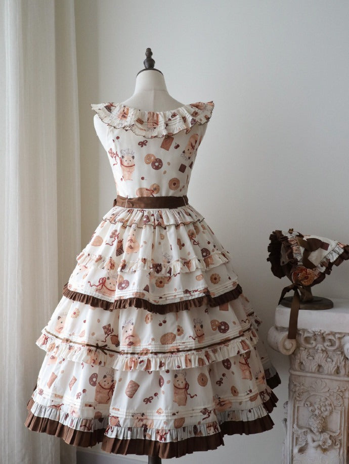 Yellow Lolita Brown Cookie and Ruffle Hamster Sweet Dress Print Hem