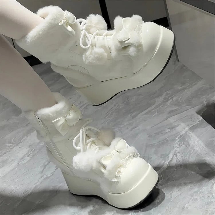 Lining Pom-Pom Boots PU with and Sweet Platform Fleece Details White Lolita