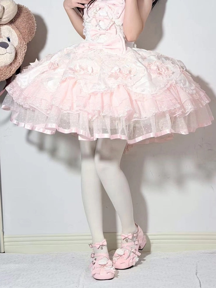 Mary Kitten - Sweet Hem Scalloped Pink Bow Lolita Janes Accents Heel Toast PU Crossed with Straps