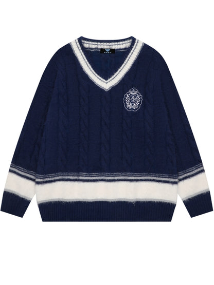レッド/ブルー/ホワイト Vネック プレッピースタイル ルーズセーター