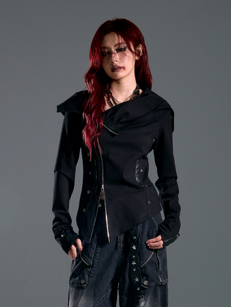 Zip Accents with Grommet Jacket Wasteland Two-Way Hoodie Stud Placket Punk Black Asymmetrical