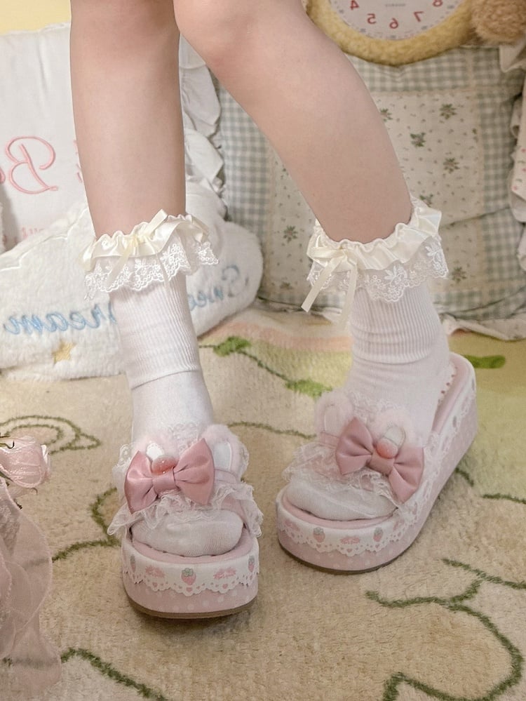 Sweet Accents Lolita Bunny Bow Pink Plush Slippers Ear Trim Platform Lace