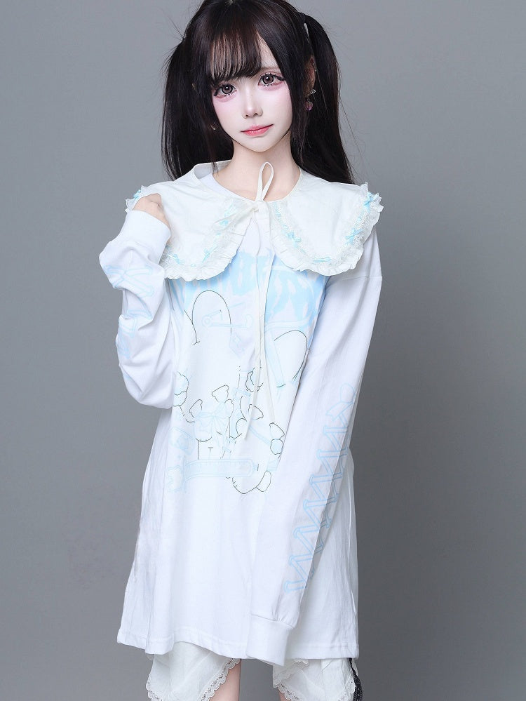 Print White Lace-Up Long-Sleeve T-Shirt Kei Jirai with Bunny