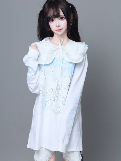 Print White Lace-Up Long-Sleeve T-Shirt Kei Jirai with Bunny