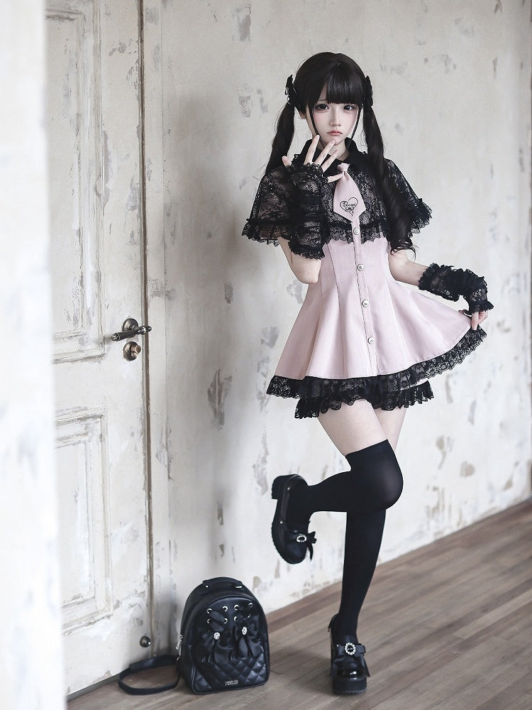 Stripe Dress Set with Lace Cape and Tie - Ekomi