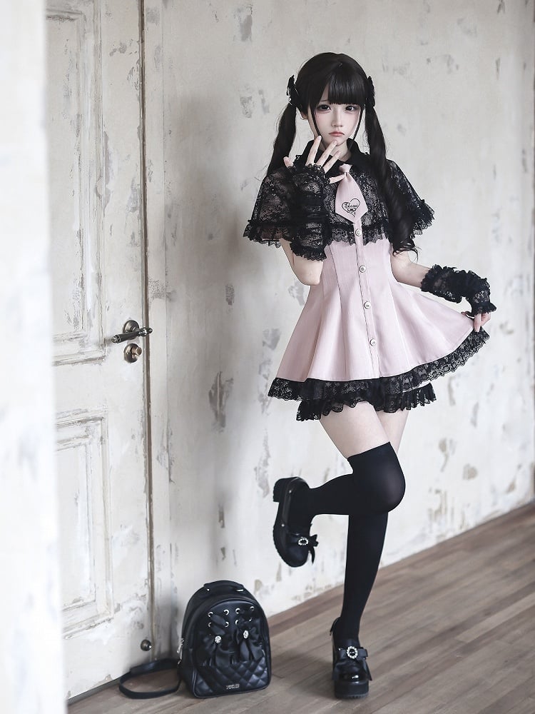 Jirai-Kei Striped Short Sleeve Dress with Lace Cape, Shorts, and Embroidered Tie Set in Black and Pink - Ekomi