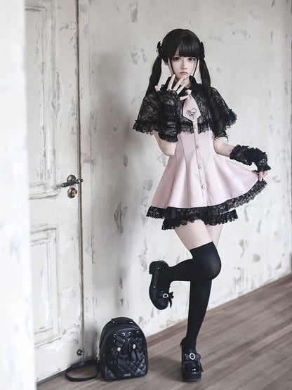 Jirai-Kei Striped Short Sleeve Dress with Lace Cape, Shorts, and Embroidered Tie Set in Black and Pink - Ekomi