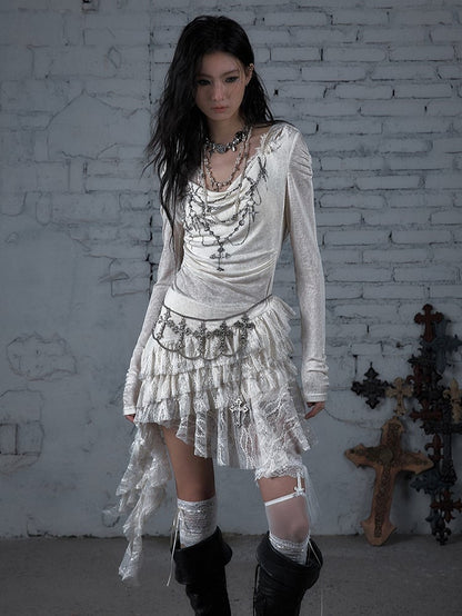 Print Hood Lace Cross Hem Tiered Punk with Asymmetric Apricot Dress