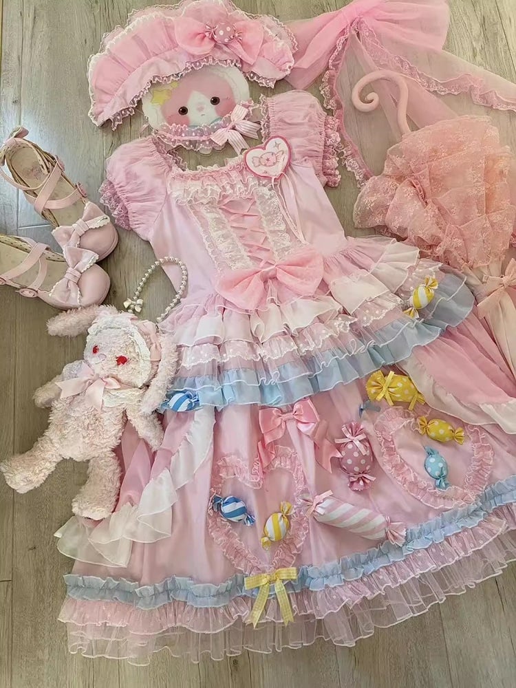 Lolita Candy Ruffle Sweet Multi-Layered Decorations with Pink Dress