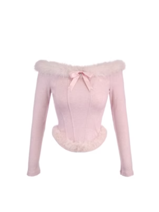Pink Off-Shoulder Knit Top With Faux Fur  Charming Bow Accent