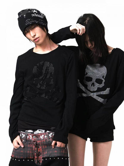 Skull Rhinestone Long Sleeve Top with Breathable Round Neck - DETW OnLine