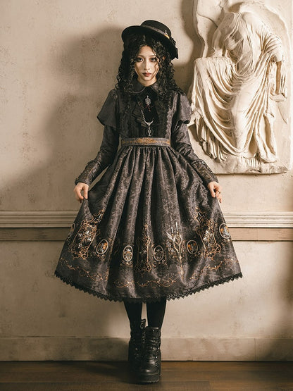 Lolita with Bat Juliette Wings Candelabras Sleeves Print Gray Dress Gothic
