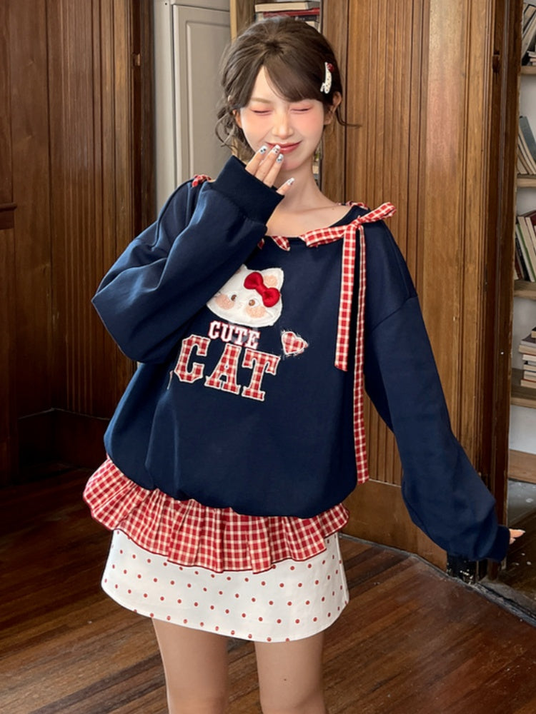 Red Asymmetrical Neckline Kitty Embroidery Applique Navy Plaid Self-tie Sweatshirt Straps at Blue