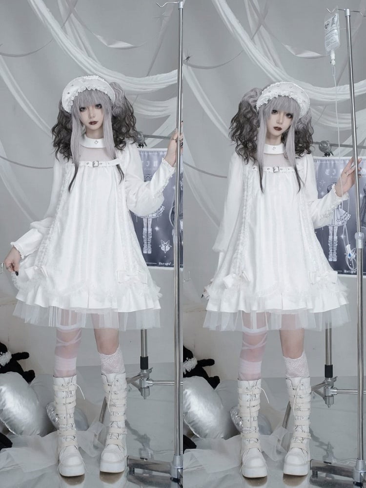 White Gothic Lolita Pleated Dress with Round Collar, Lace and Bowknot Accents - Kuroya