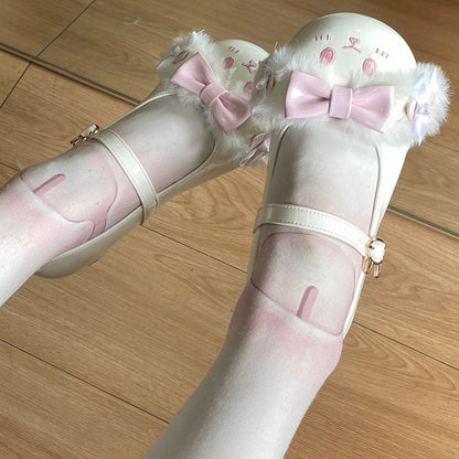 Bowknot Lolita Toe Strap With Ear Sweet Plush Round Bunny Shoes WhitePink Buckle Details