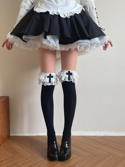 Stockingswith BlackWhite Gothic Cross Decoration Ruffled 3-Layer Lolita