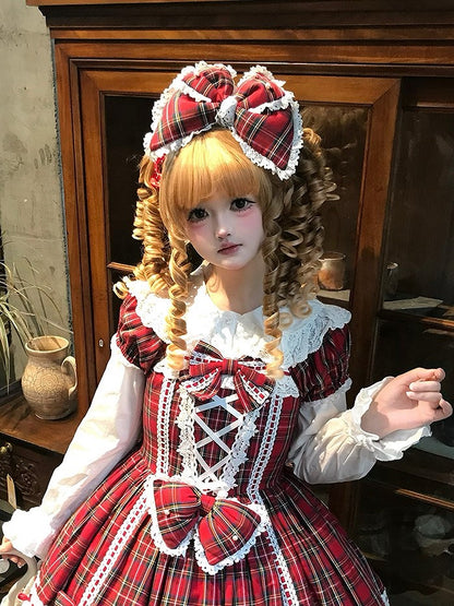 with Lace Edging KC Red/Green Bead Plaid Accents Bow Lolita and