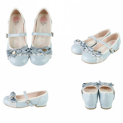 Blue Sweet Berry Low Heels in Lolita Style with Top Bow & Ring Buckle