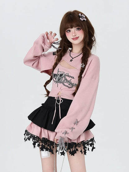 Crisscross with Pink Cropped Fitted Knit Tank Shrug Sweet Set: Lacing + Spicy