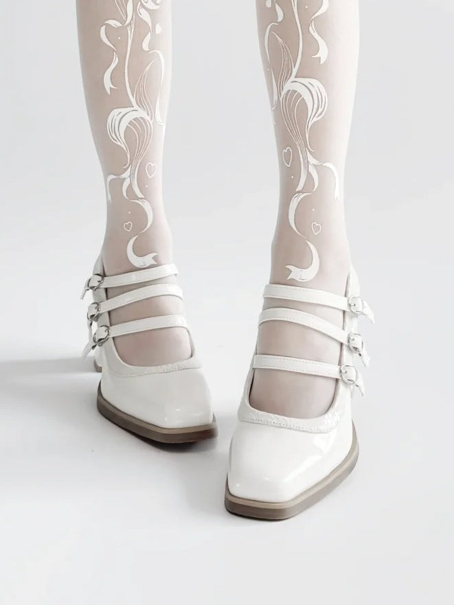 Toe with Buckles Snakeskin PU Shoes White Gothic Pattern 3 Square