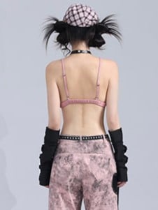 Edgy Pink Punk Bra with Skeleton Prints  Criss-cross Lace-up