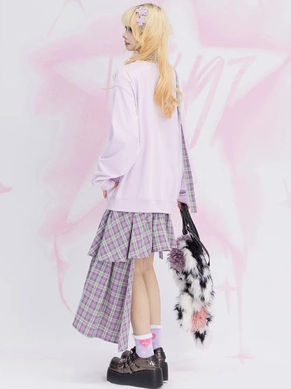 Lila kariertes Patchwork-Sweatshirtkleid mit asymmetrischem Saum und kostenlosem Schal