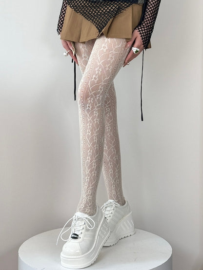 Design Tights Hollow-out Black/White/Gray/Brown/Blue Floral Pattern