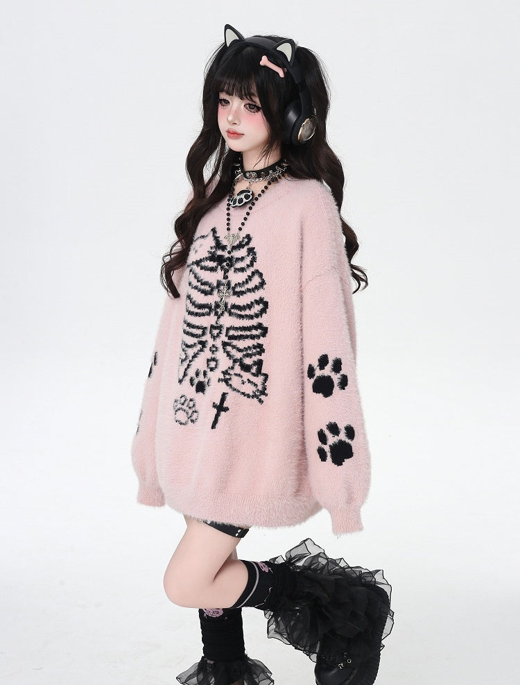 Black/Pink Fuzzy Cat  Paw Pattern Sweater