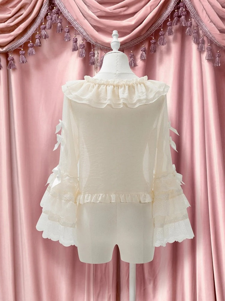 Sleeves Lolita Lace Blouse Accents Bow Beige with Bell