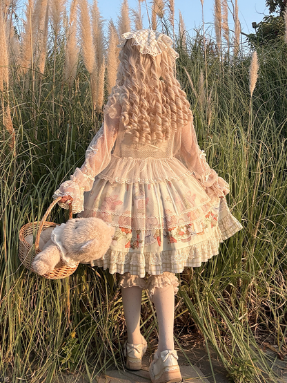 Overlay Plaid Dress Green Hem Bunny Print Lolita JSK Sweet Sunflower and with